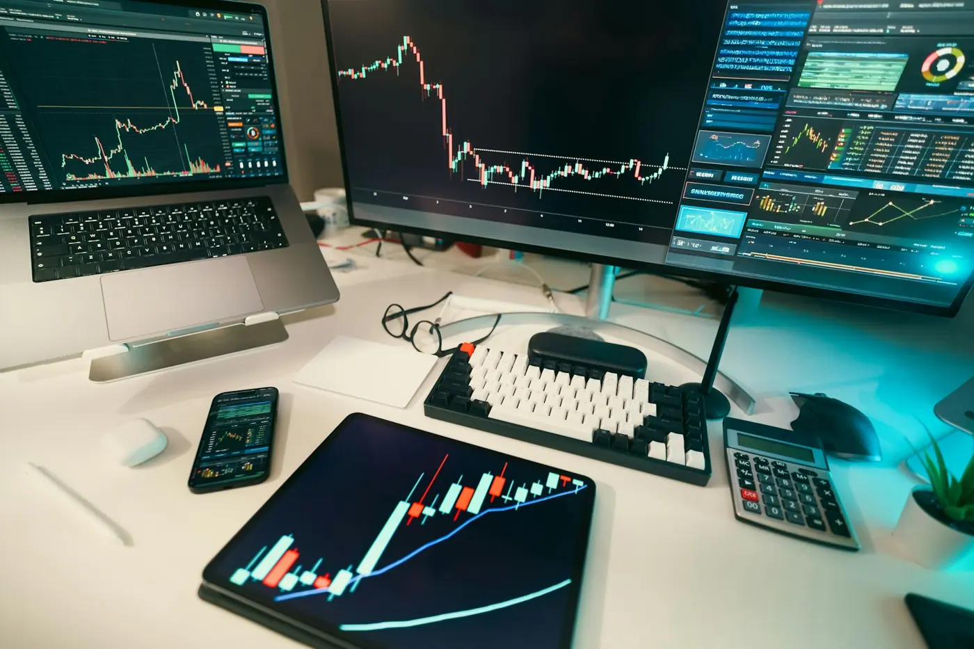 A multi-monitor trading desk with charts