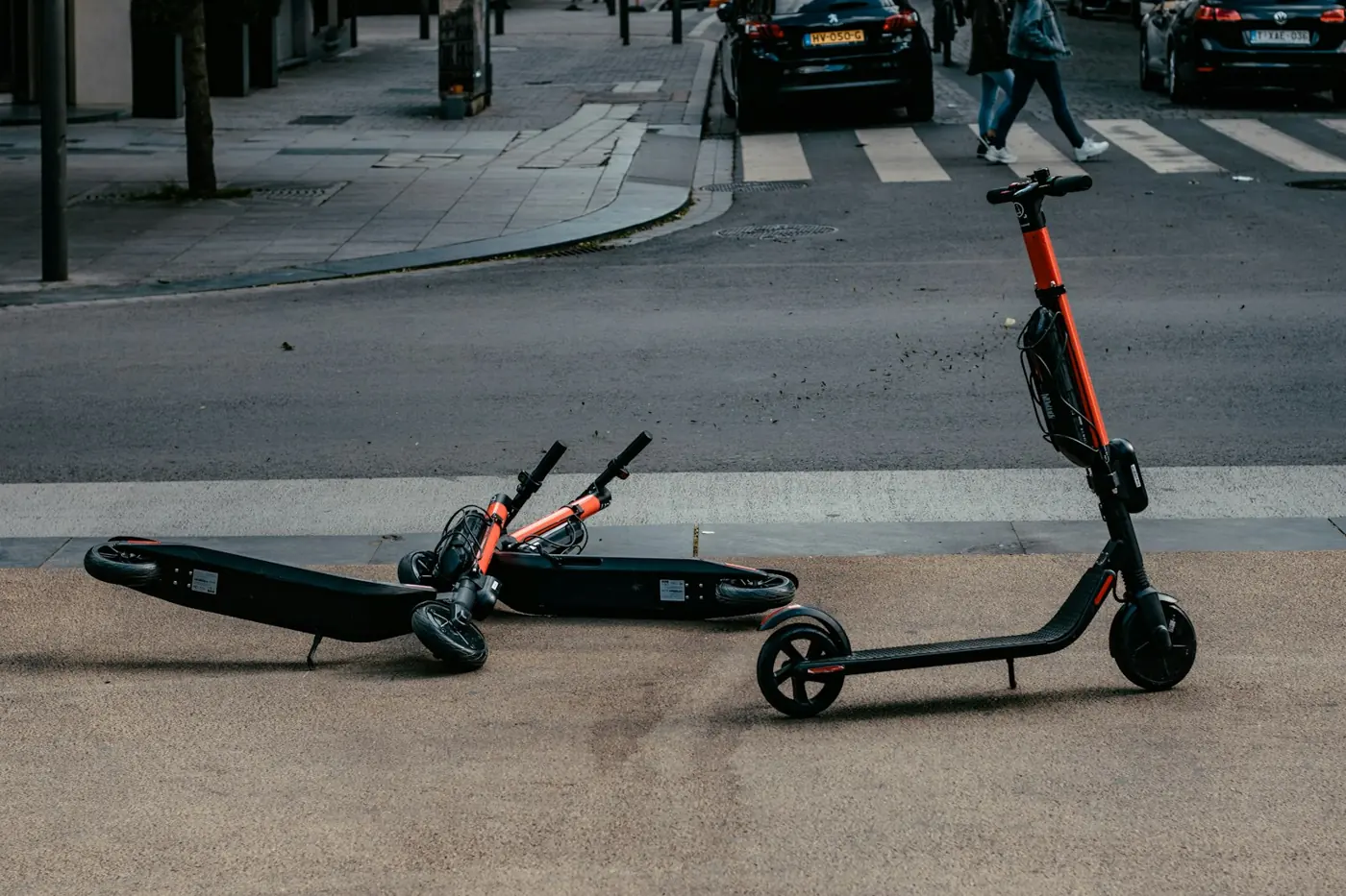 Shared electric scooters on a city street