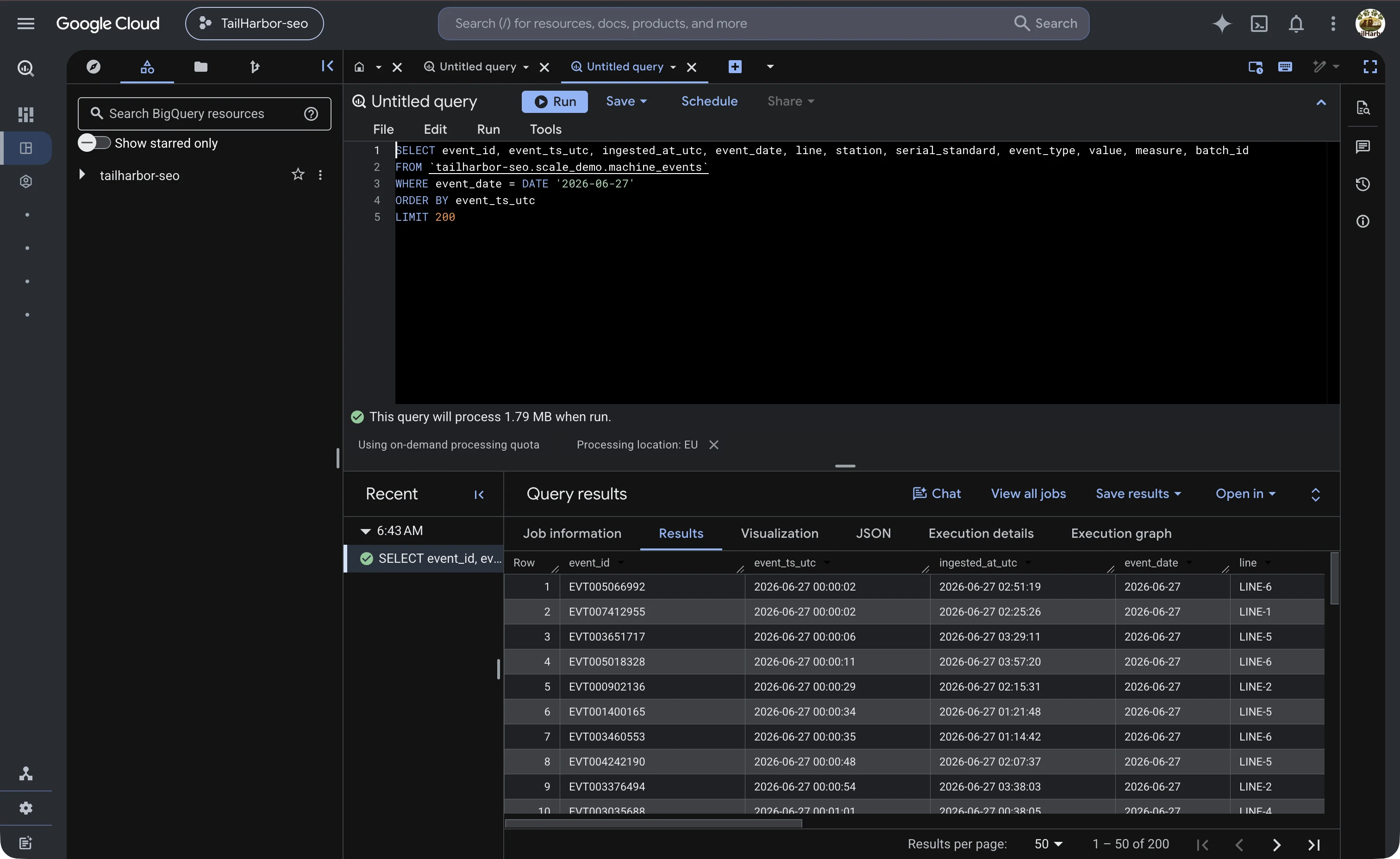 BigQuery query results: raw rows from the production event table for one day, event id, timestamps, line, station and serial