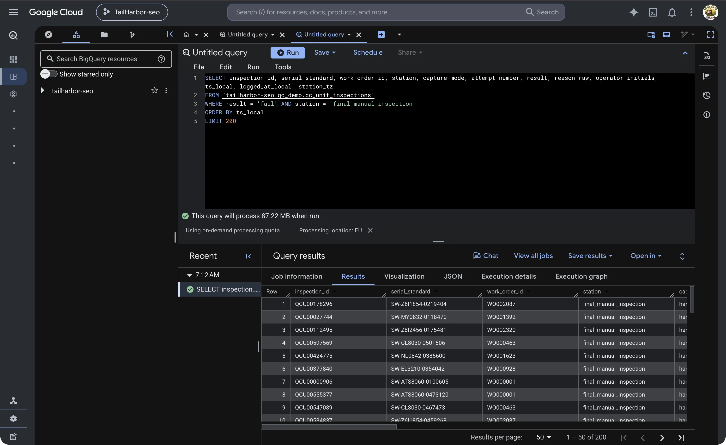 BigQuery query results: raw rows from the unit inspection table, final inspection fails, with serial, work order, station and capture mode